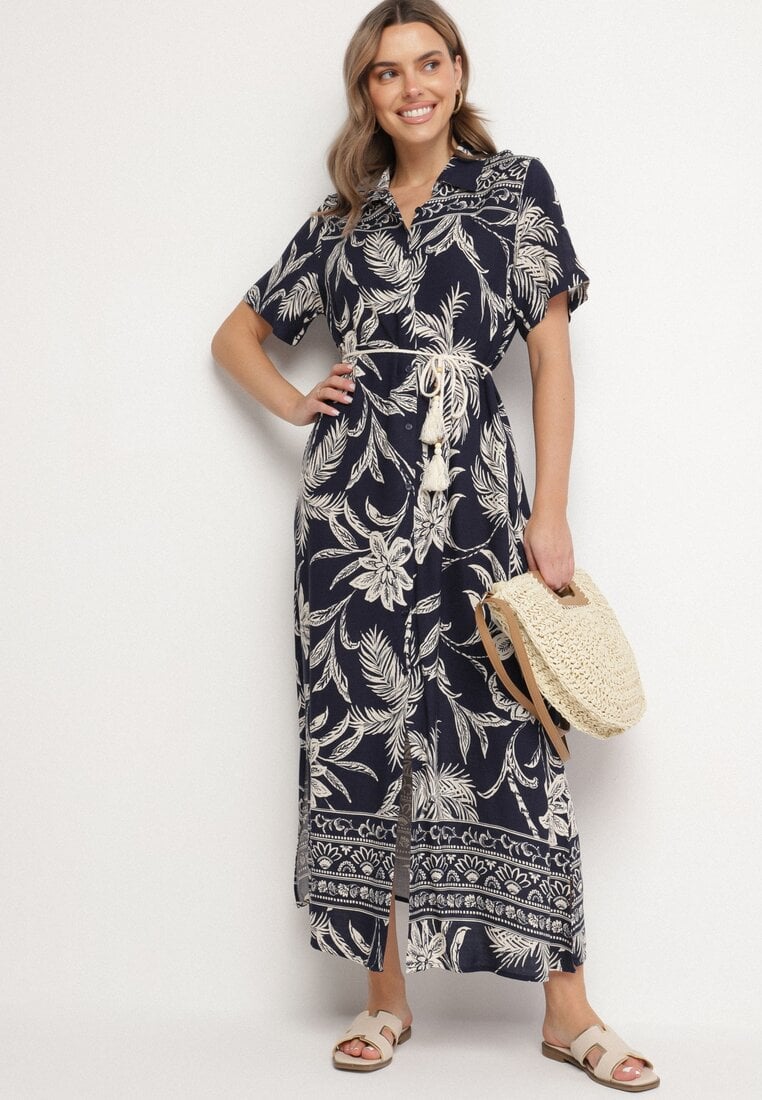 Granatowa Koszulowa Sukienka z Wiskozy w Kwiatowy Wzór z Kieszeniami Eramira
