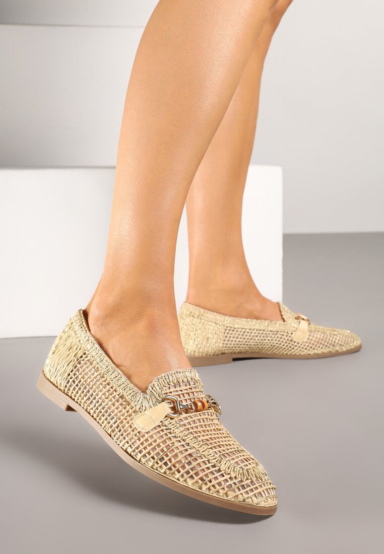 Beżowe Mokasyny Loafersy z Ażurową Cholewką Kolarila