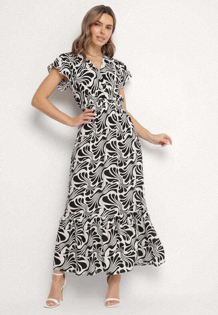 Czarna Sukienka o Kopertowym Fasonie z Falbanką w Kwiatowy Wzór Flormoi