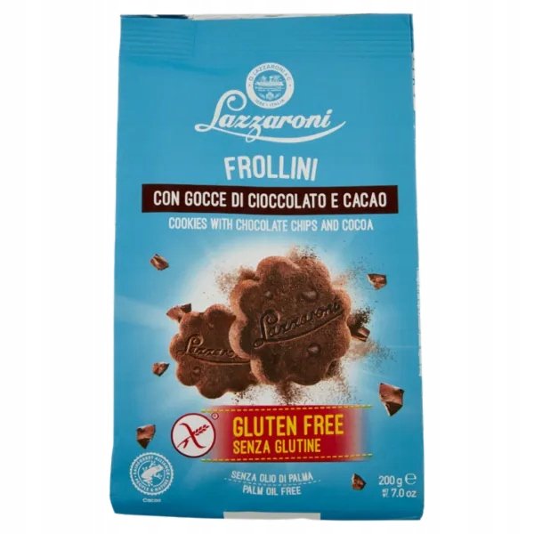 Ciastka bezglutenowe Frollini z czekoladą i kakao 200g Lazzaroni włoskie