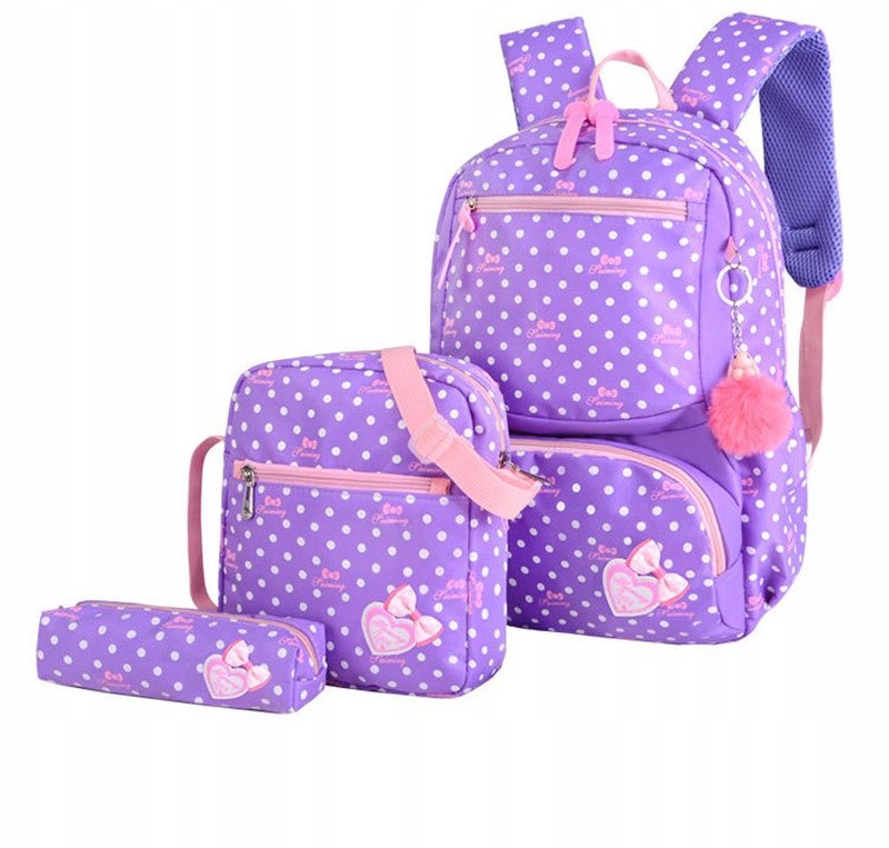 ZESTAW PLECAK SASZETKA TOREBKA FIOLETOWY KROPKI