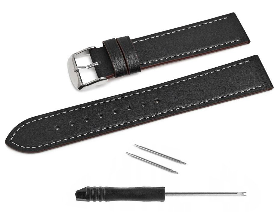 Pasek skórzany SuperFiber do zegarka - czarny - biała nić - 20 mm