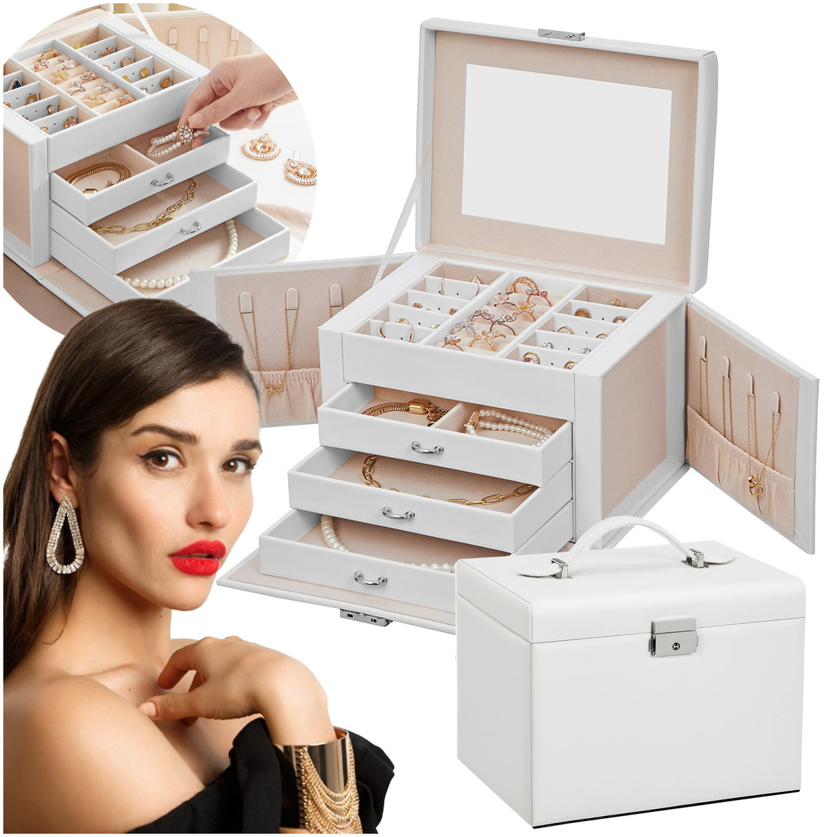 Szkatułka na biżuterię z szufladkami przegródkami Dużym lusterkiem Etui