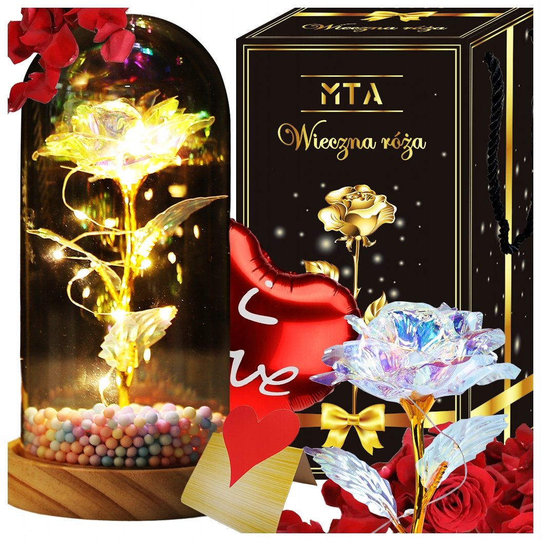 WIECZNA RÓŻA W SZKLE LED ŚWIECĄCA PREZENT DLA KOBIETY 50 60 70 80 URODZINY