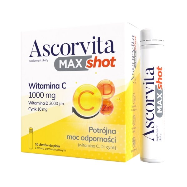 Suplement diety, Ascorvita Max Shot Witamina C Smak Pomarańczowy 10X 25 ml