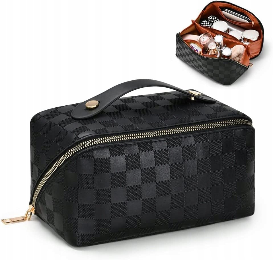 KOSMETYCZKA PODRÓŻNA O DUŻEJ POJEMNOŚCI SKÓRA PU CZARNA