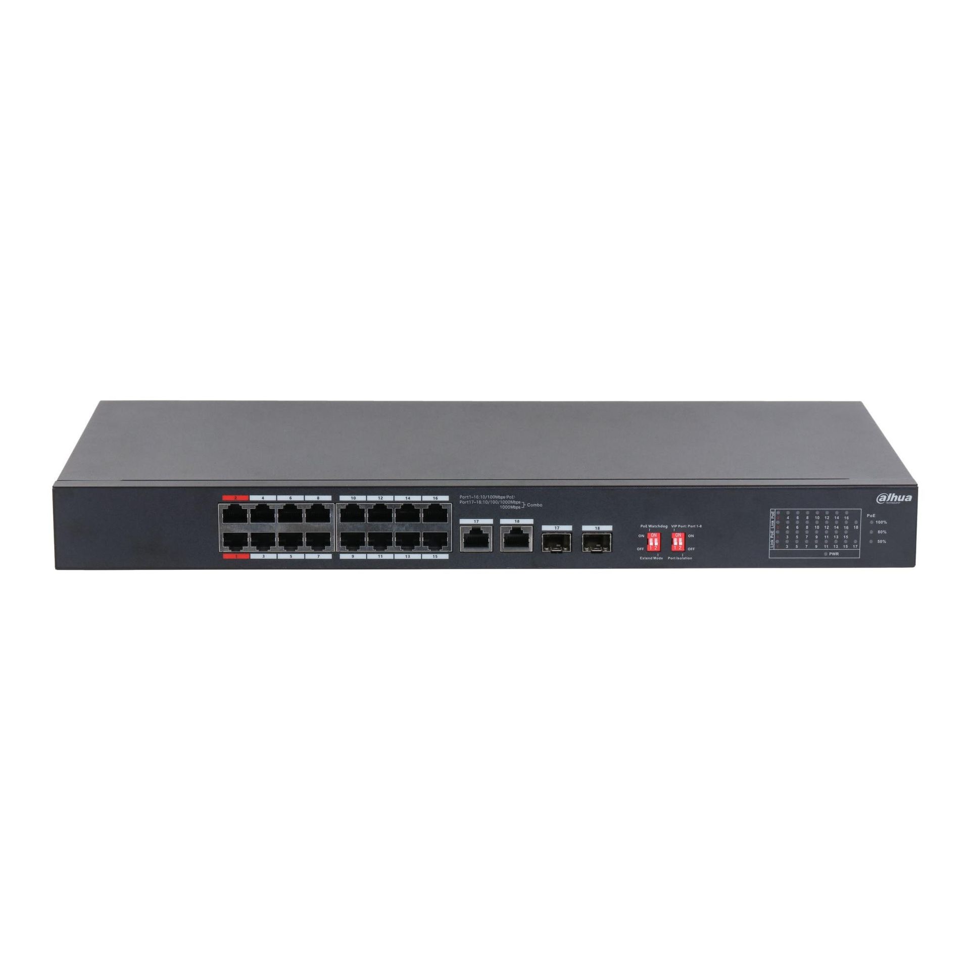 Switch niezarządzalny dahua s3218-16et-135 16x10/100m 2x10/100/1000m poe 2xsfp combo S3218-16ET-135