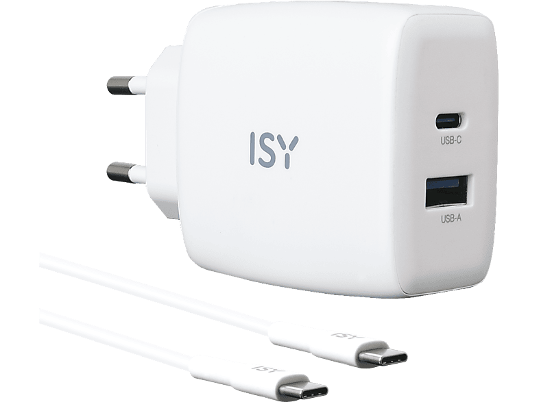 Ładowarka sieciowa ISY IAC-4512 65W USB-C USB-A GaN + kabel 2m Biały