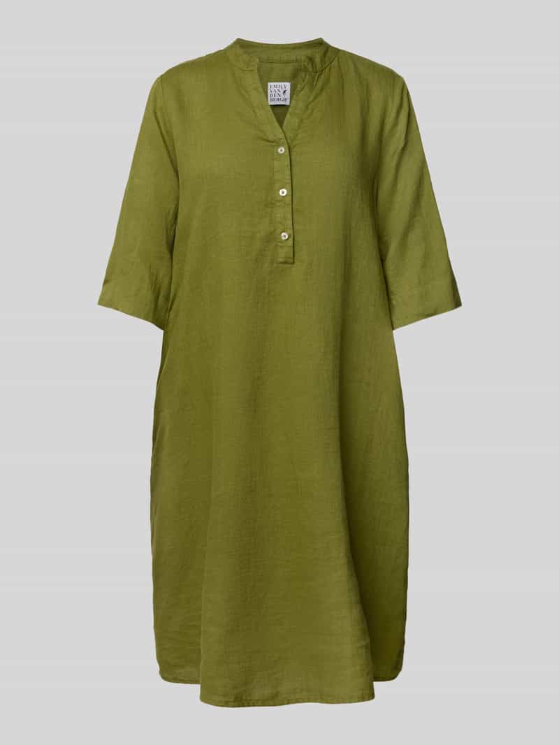 Sukienka lniana o długości do kolan z kołnierzem z lamówką