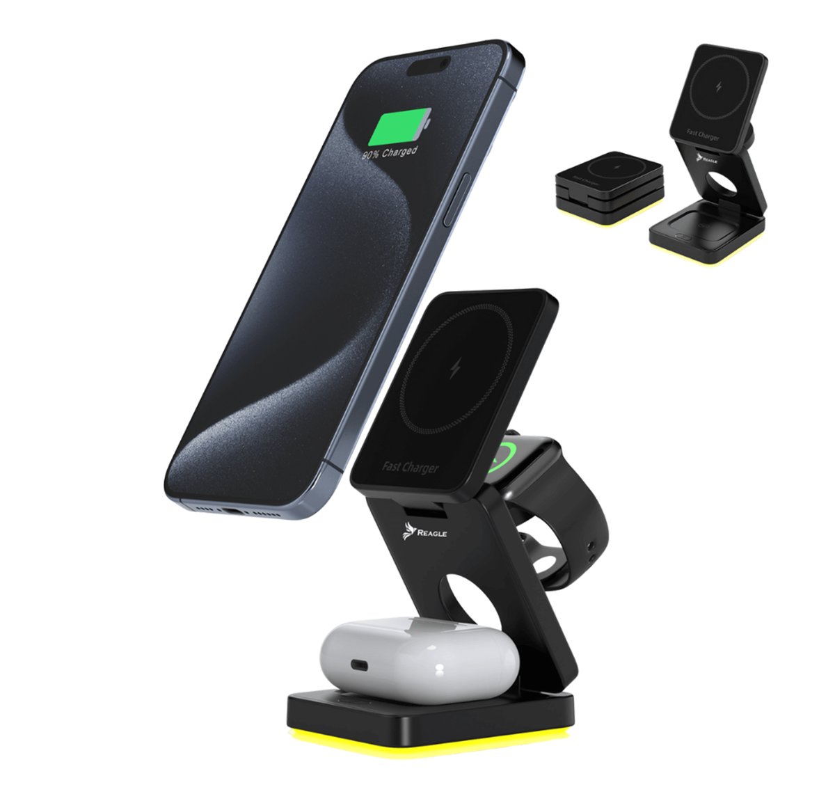 REAGLE ŁADOWARKA INDUKCYJNA 3W1 MAGSAFE QI 15W IPHONE, LAMPKA NOCNA SMARTWATCH
