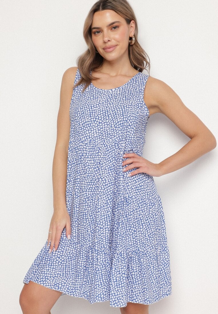 Niebieska Rozkloszowana Bawełniana Sukienka z Falbanami w Kwiaty Zeolane
