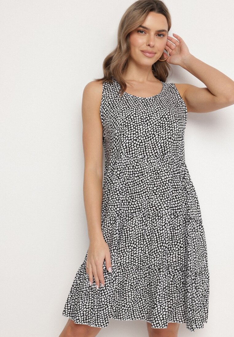 Czarna Rozkloszowana Bawełniana Sukienka z Falbanami w Kwiaty Zeolane