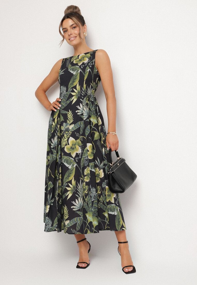 Czarna Bawełniana Sukienka Rozkloszowana we Florystyczny Print Liliova