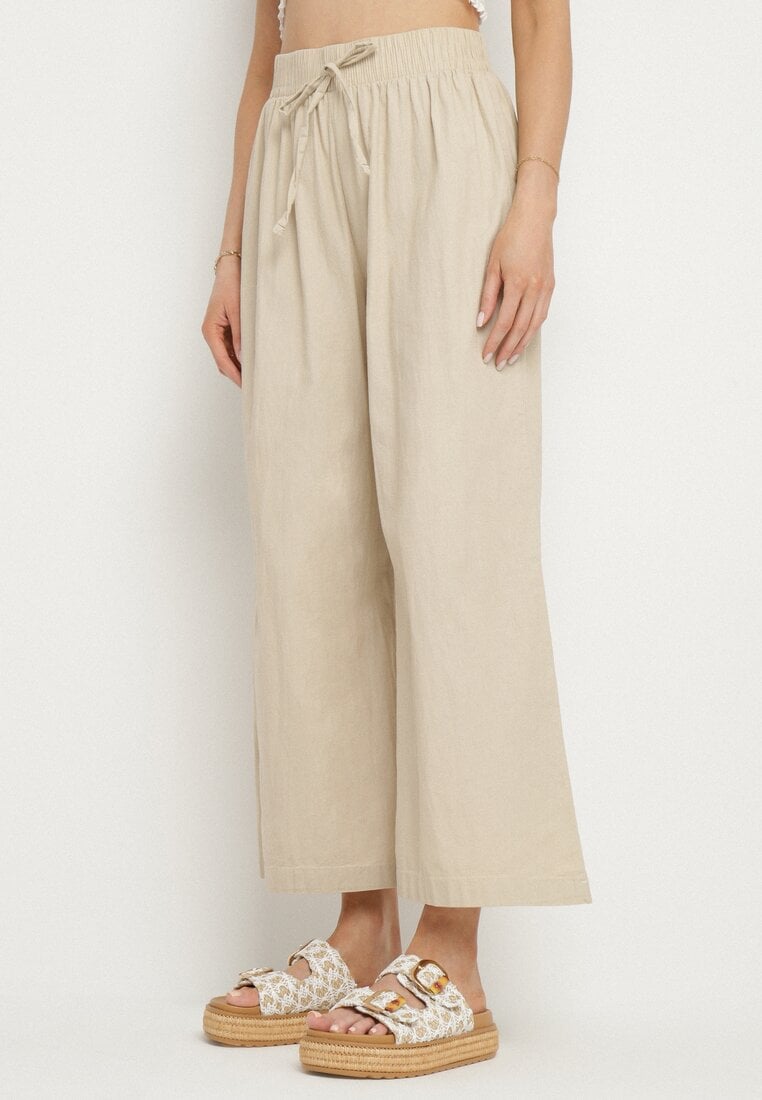 Beżowe Spodnie Bawełniane Szerokie z Gumką i Wiązaniem w Pasie Faliova