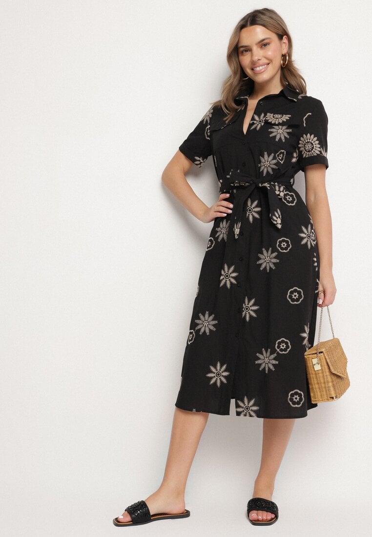 Czarna Koszulowa Sukienka z Wiskozy z Haftowanymi Kwiatami i Paskiem Diviera