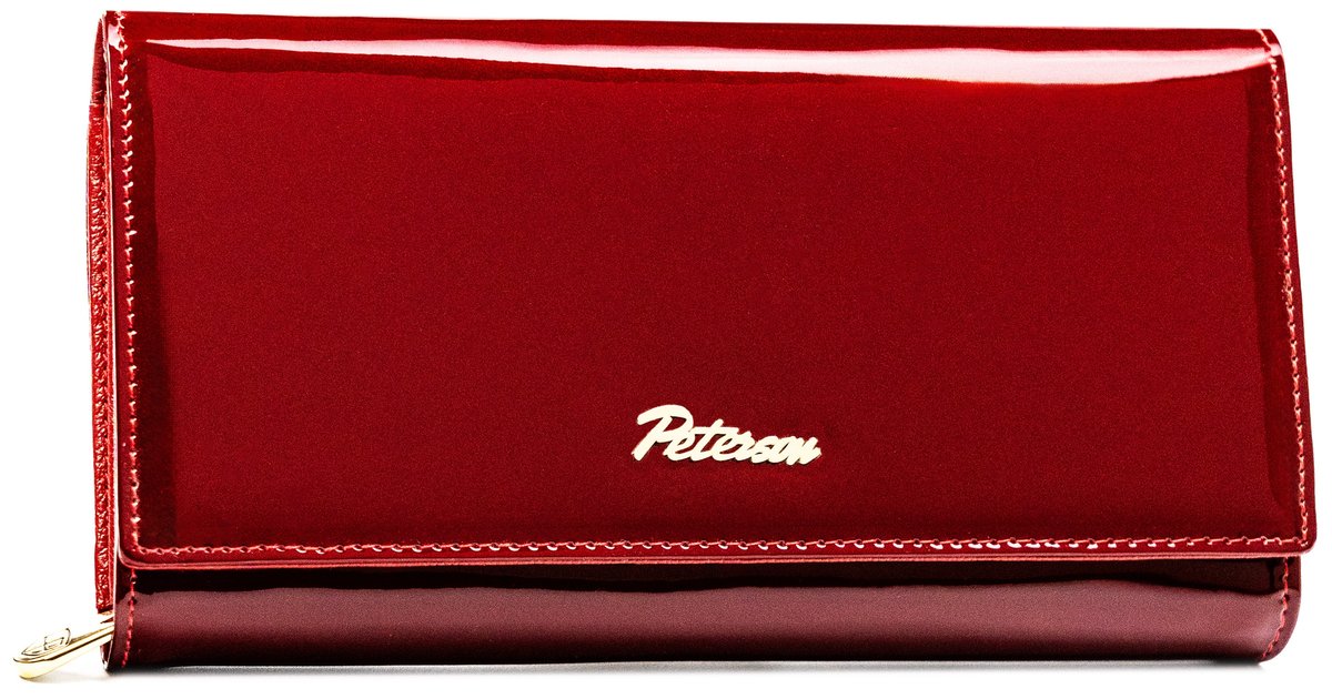 Czerwony duży klasyczny portfel damski z lakierowanej skóry naturalnej elegancki prezent rozbudowany na karty ochrona RFID STOP PETERSON