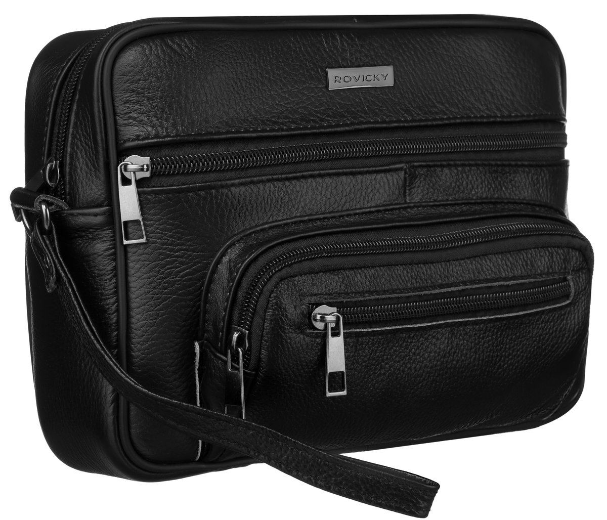 Skórzana czarna miejska saszetka męska ROVICKY mała do ręki lub na nadgarstek kieszonki na suwak miejsce na telefon