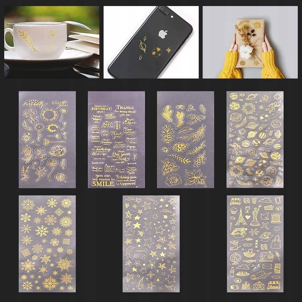 Zestaw Naklejek Scrapbooking Samoprzylepnych 7 arkuszy 20x10 cm Kolor złoty
