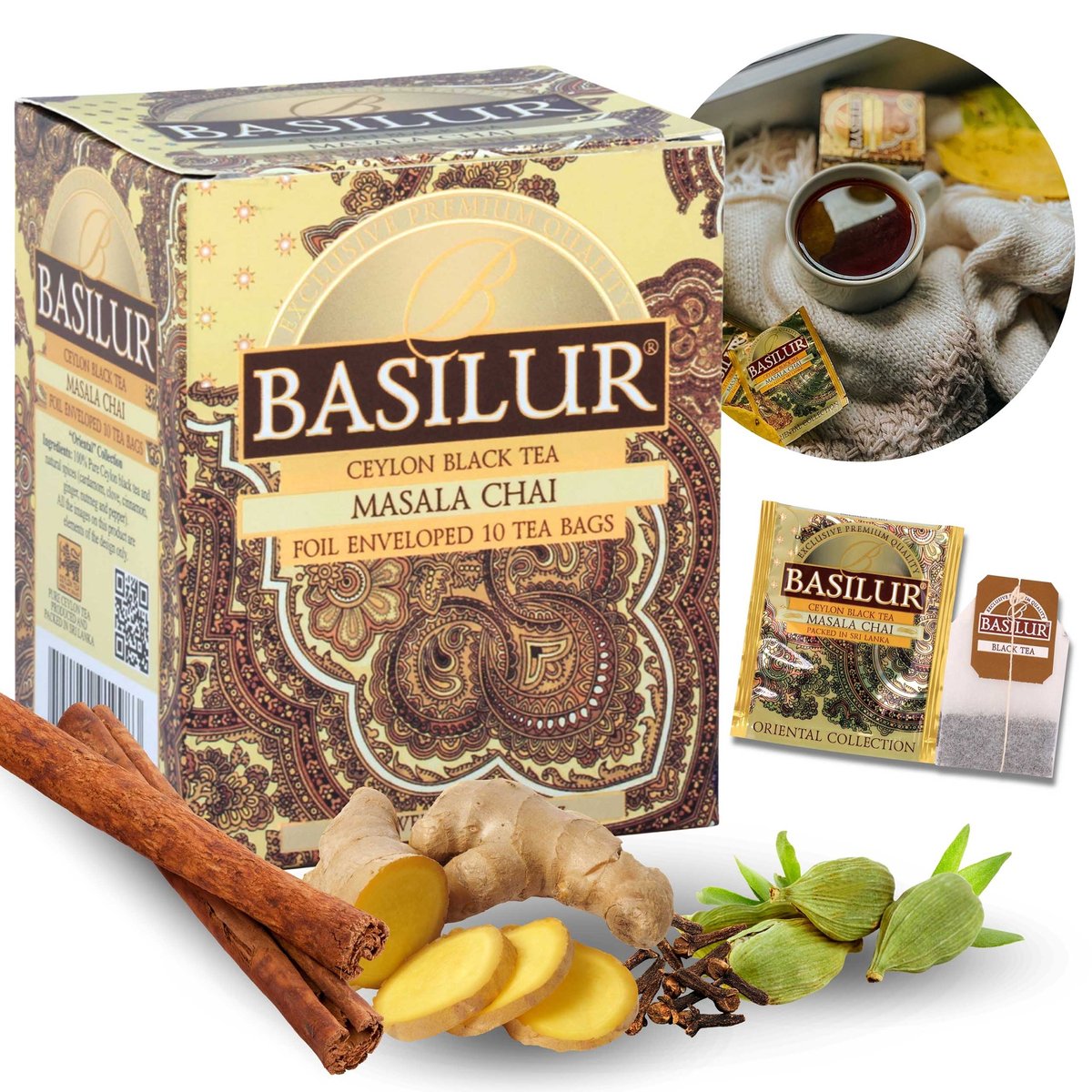 BASILUR Masala Chai - Czarna herbata w saszetkach, cejlońska z naturalnym aromatem przypraw, 10x2g