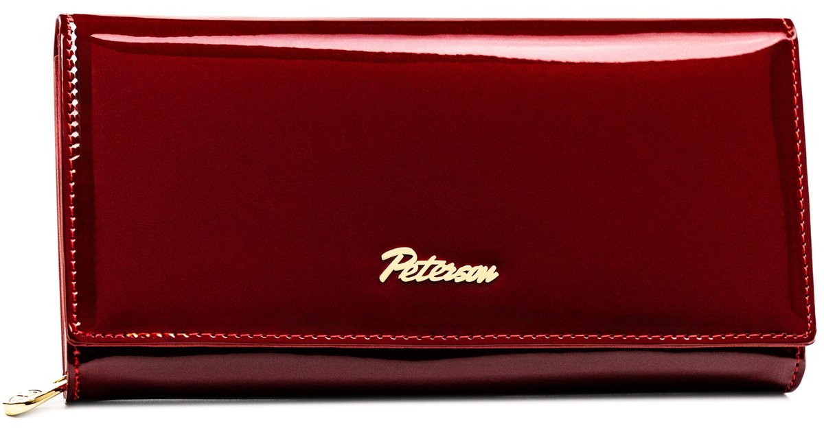 Elegancki klasyczny czerwony portfel damski z lakierowanej skóry naturalnej PETERSON duży rozbudowany na karty i gotówkę pudełko prezentowe ochrona ..