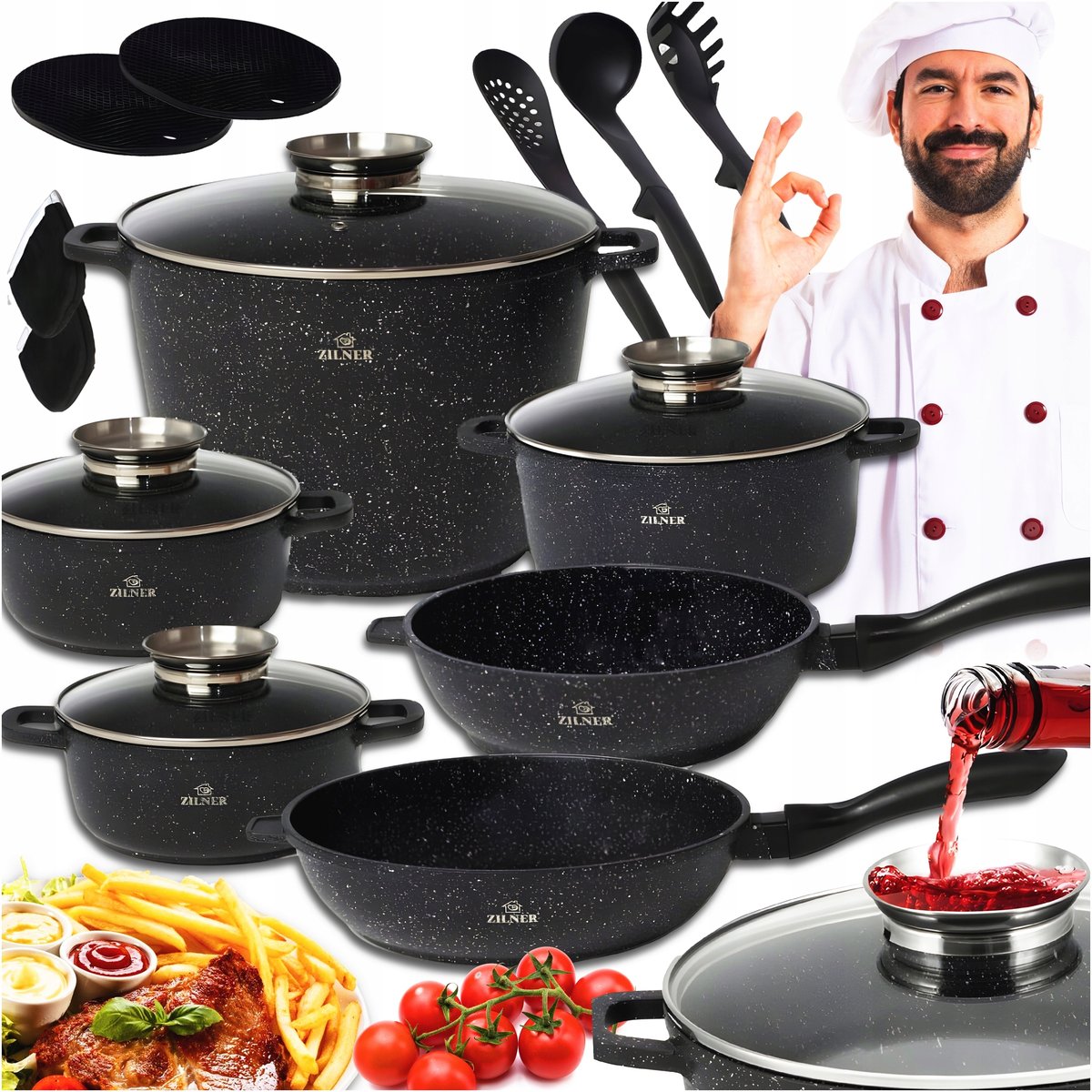 ZESTAW GARNKÓW MARMUROWYCH PATELNIA GARNKI MARMURKOWE KOMPLET INDUKCJA/GAZ