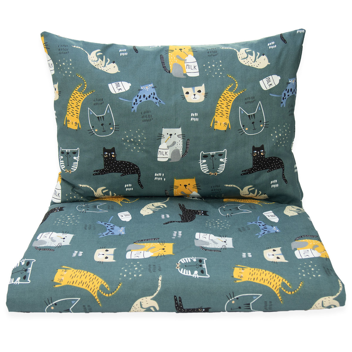 Pościel 140 x 100 cm - Kotki z mlekiem zielone