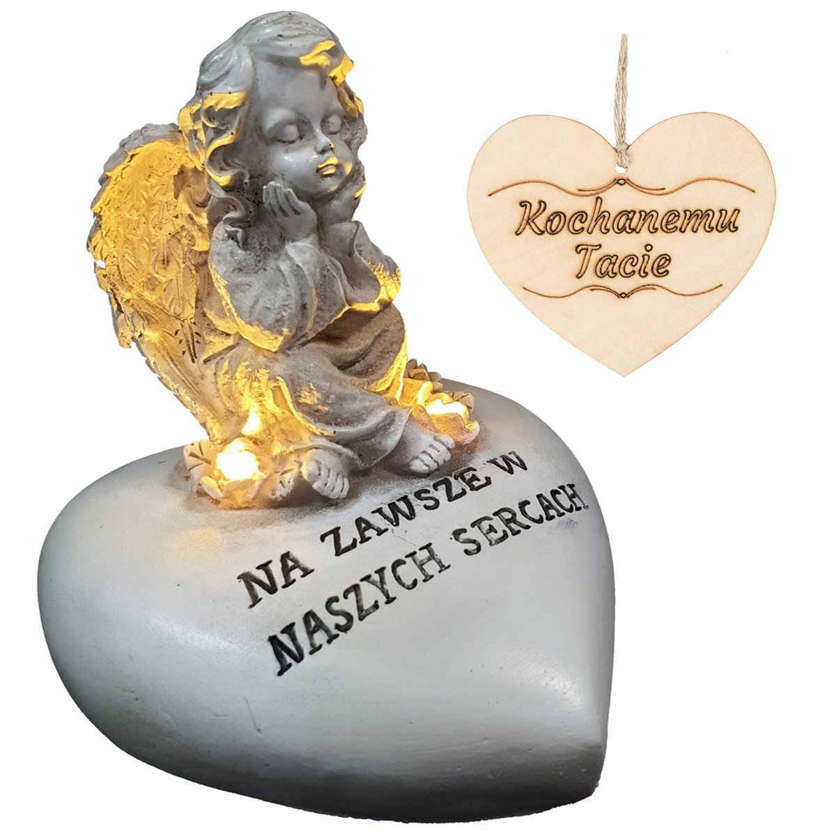 ZNICZ DLA TATY ANIOŁ ANIOŁEK NA SERCU ZNICZ FIGURKA LED NA GRÓB