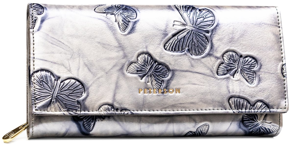 Srebrny duży portfel damski PETERSON lakierowana skóra naturalna rozbudowany na karty i gotówkę schowek na suwak pudełko prezentowe ochrona RFID STOP