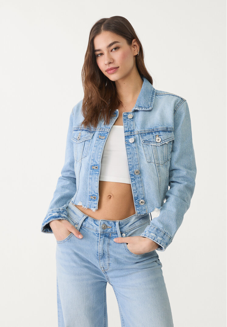Stradivarius Kurtka jeansowa z kieszeniami Niebieski denim S