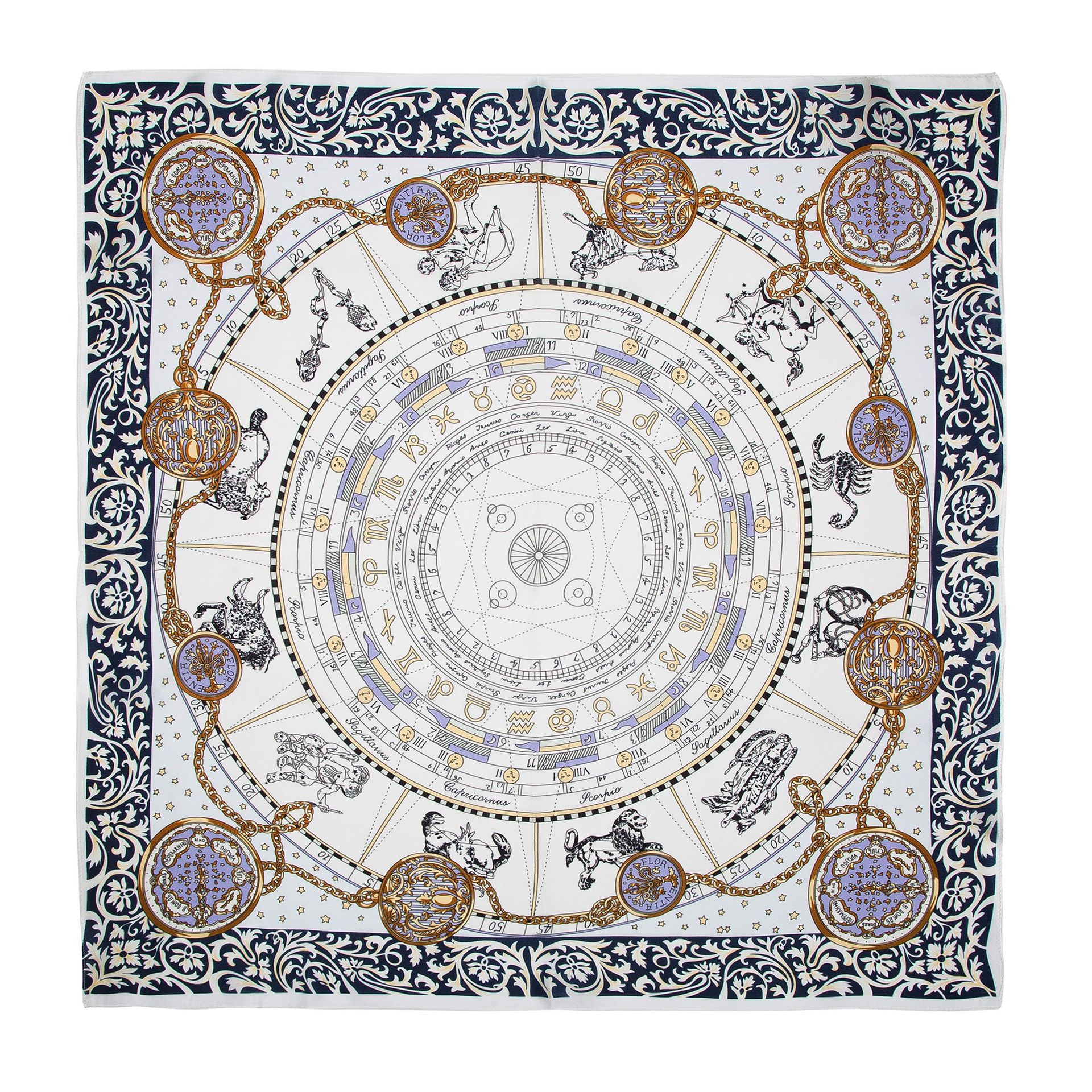 Damska apaszka z jedwabiu w geometryczny wzór biało - granatowa