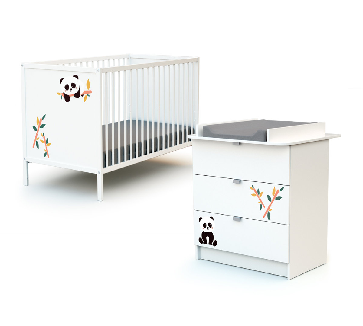 WEBABY - Łóżko i przewijak do pokoju dziecięcego z drewna Panda White