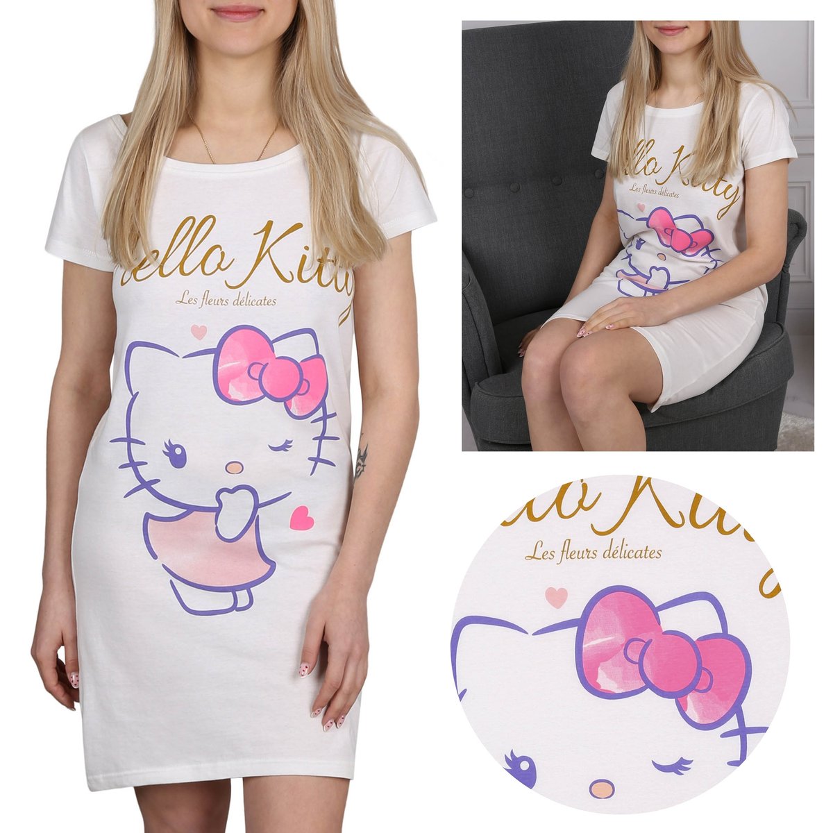 Hello Kitty Kremowa, damska koszulka nocna, bawełniana koszulka do spania S
