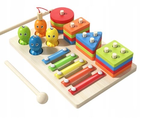Drewniana układanka Montessori – Sorter, cymbałki i łowienie rybek 3w1 W101