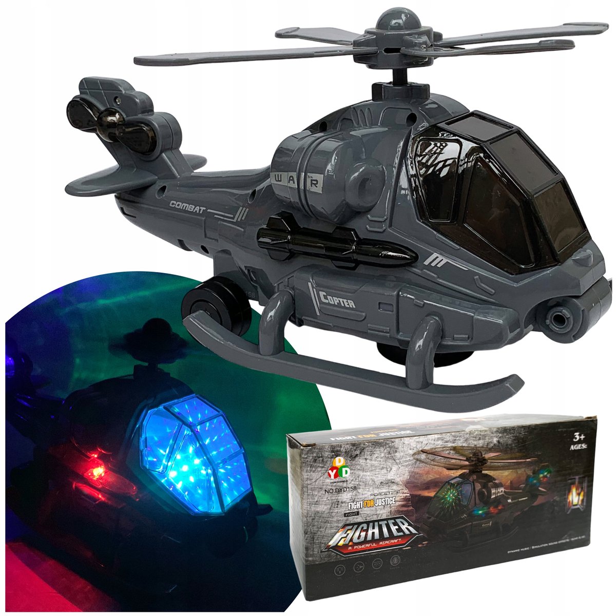 Helikopter wojskowy z dźwiękiem ruchome śmigło na baterie świecący jeżdżący