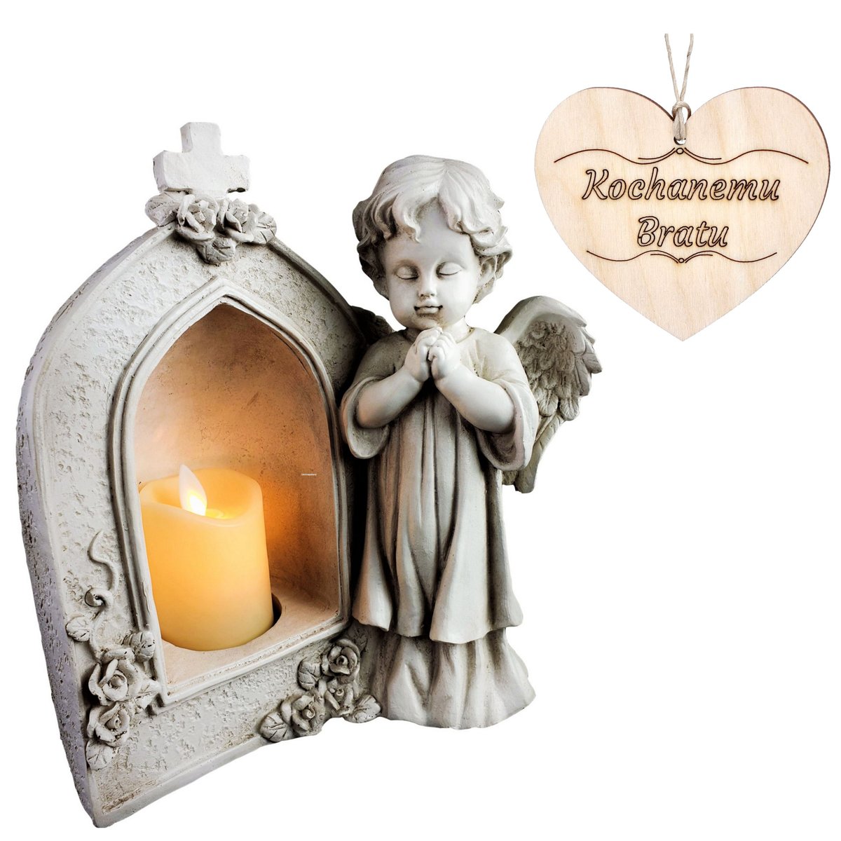 ANIOŁ STRÓŻ Z KAPLICZKĄ I ŚWIECĄ LED ZNICZ LED NA GRÓB DLA BRATA