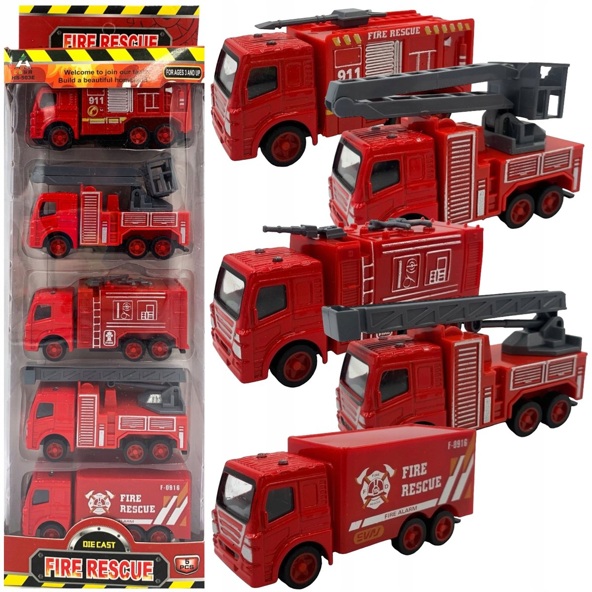 Wozy strażackie straż pożarna zestaw autka samochody auta metalowe 5 sztuk