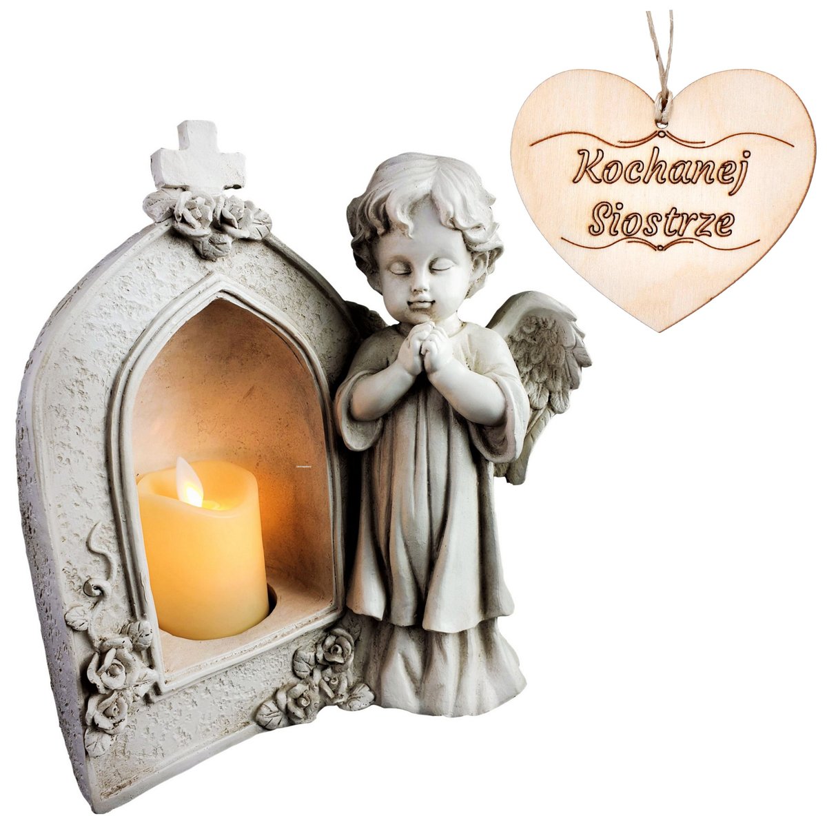 ANIOŁ STRÓŻ Z KAPLICZKĄ I ŚWIECĄ LED ZNICZ LED NA GRÓB DLA SIOSTRY