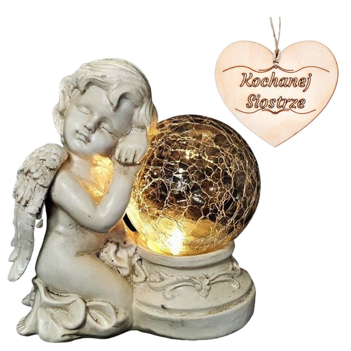 ANIOŁ STRÓŻ ZNICZ Z KULĄ SOLARNY DO OGRODU LUB NA GRÓB DLA SIOSTRY