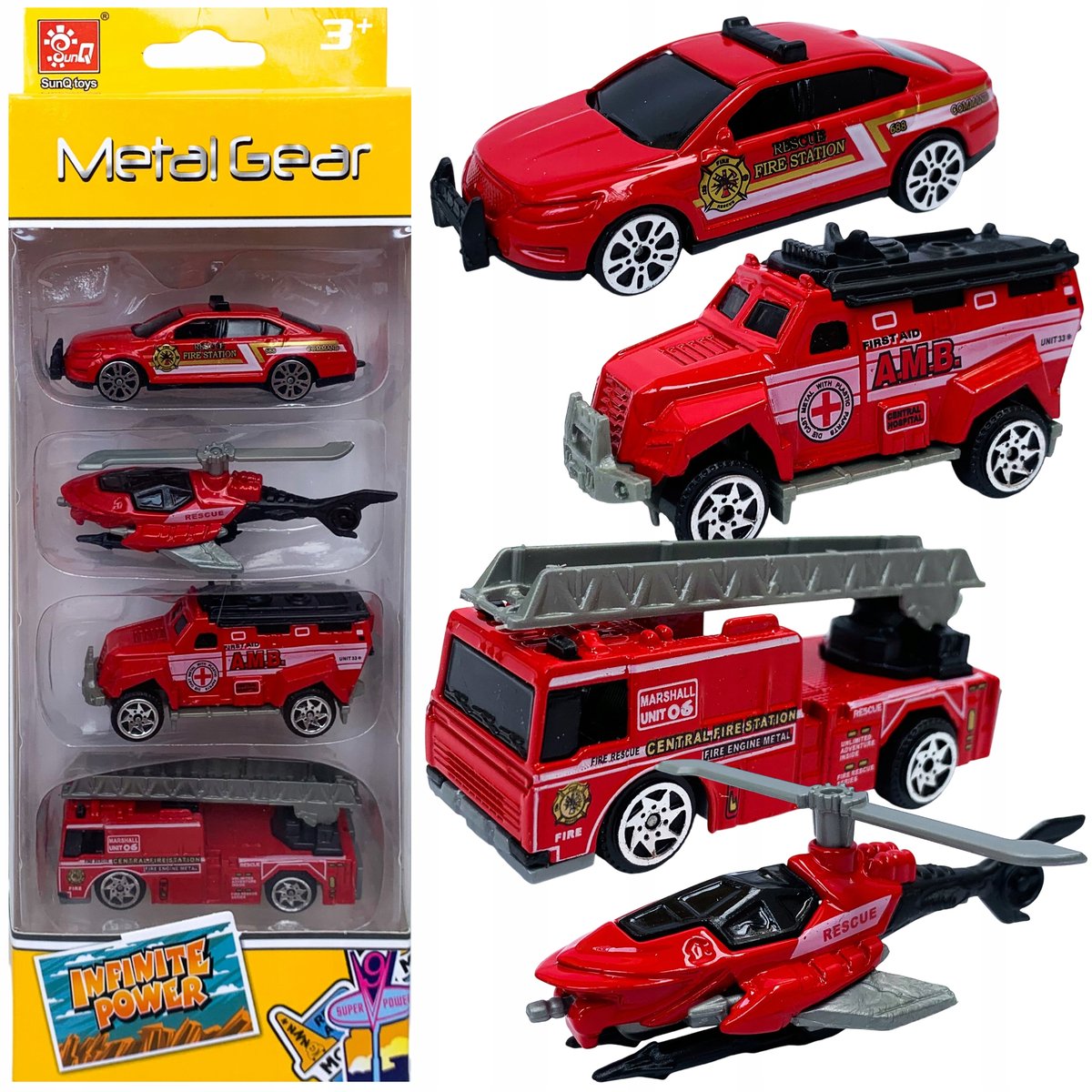 Małe wozy ratunkowe strażackie pożarnicze samochody pojazdy zestaw 4 sztuki