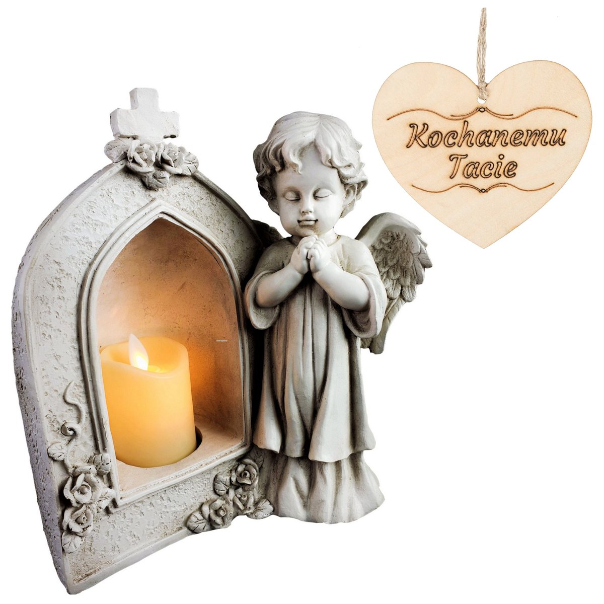 ANIOŁ STRÓŻ Z KAPLICZKĄ I ŚWIECĄ LED ZNICZ LED NA GRÓB DLA TATY