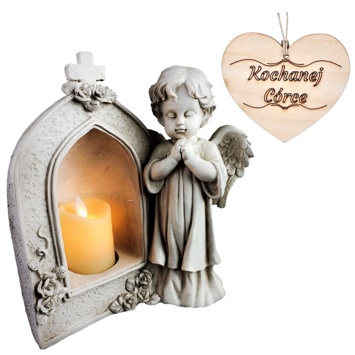 ANIOŁ STRÓŻ Z KAPLICZKĄ I ŚWIECĄ LED ZNICZ LED NA GRÓB DLA CÓRKI