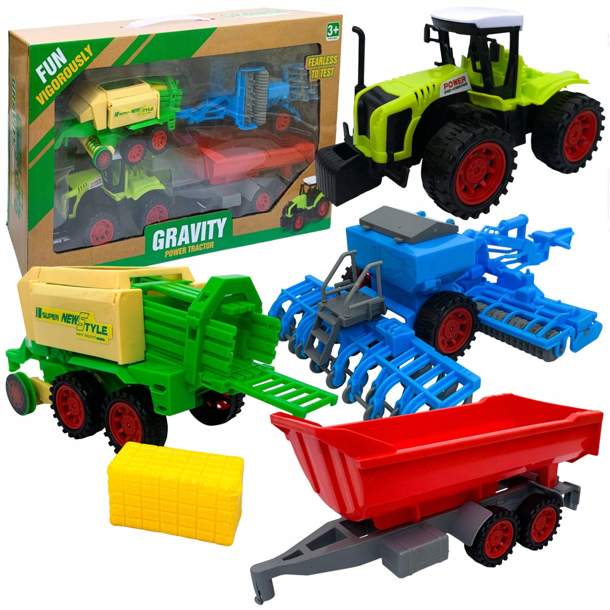 Traktor z przyczepami maszyny rolnicze snopkarka kultywator zabawkowe 4 szt