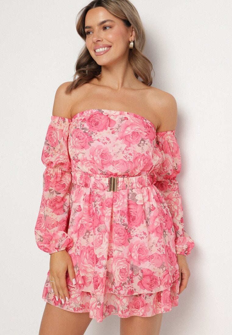 Różowa Wiskozowa Sukienka Hiszpanka z Falbanami i Paskiem w Kwiaty Virmoi