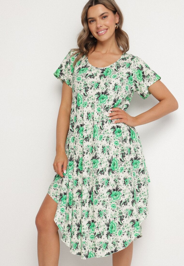 Zielona Sukienka Bawełniana z Asymetrycznym Dołem w Kwiatki Nativienne