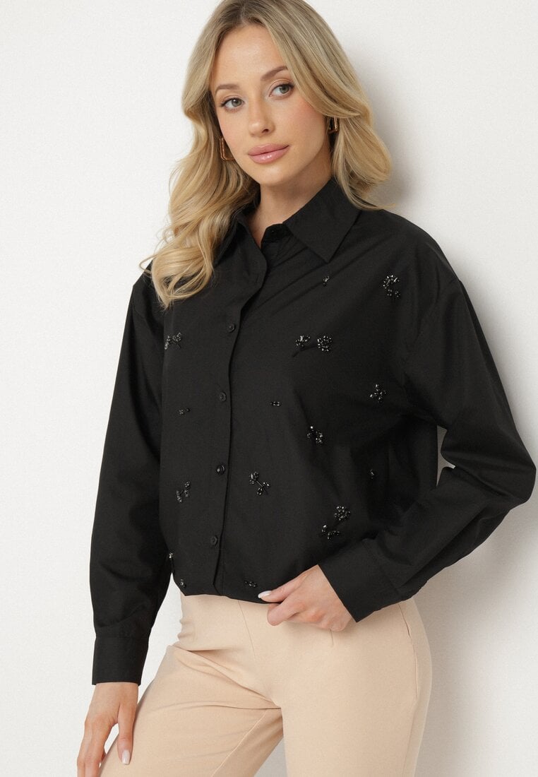 Czarna Koszula z Bawełny Ozdobiona Naszywkami Katiema