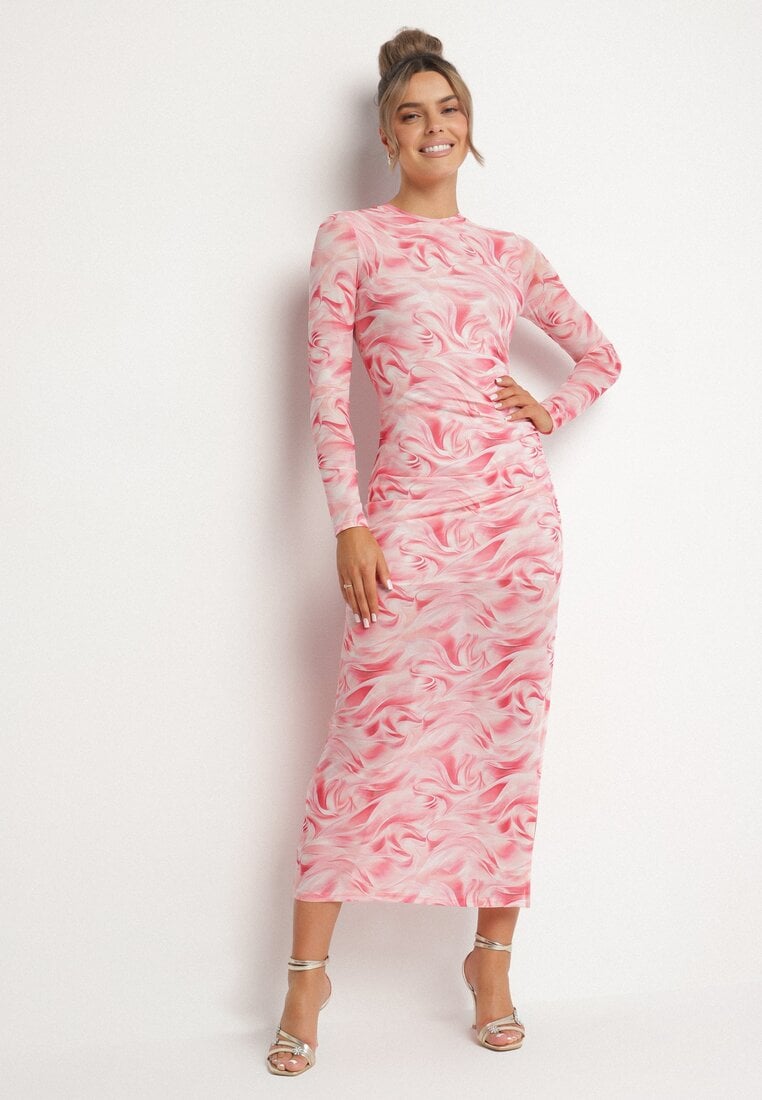 Fuksjowa Dopasowana Sukienka z Siateczki z Wiskozą w Abstrakcyjny Wzór Sarilene