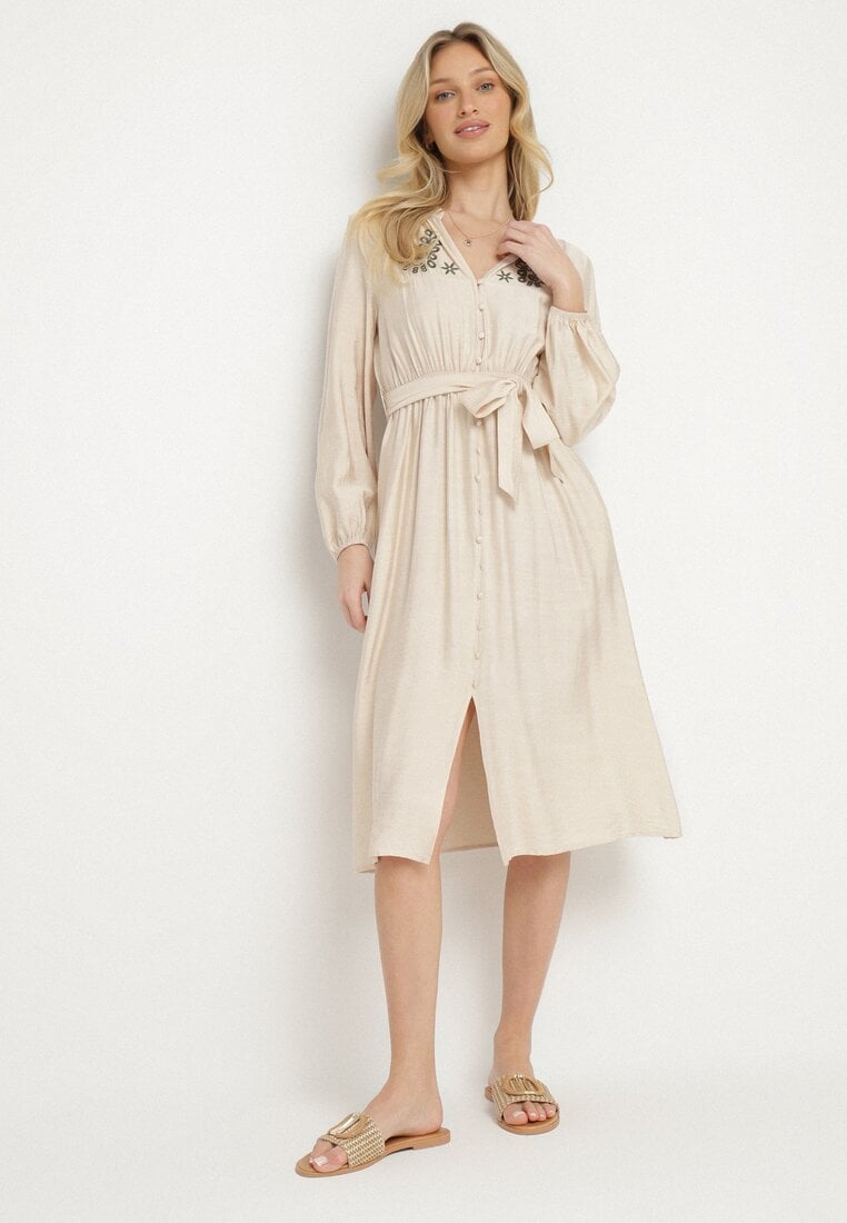 Beżowa Sukienka z Wiskozą o Rozkloszowanym Kroju z Wiązaniem i Haftem Velvania