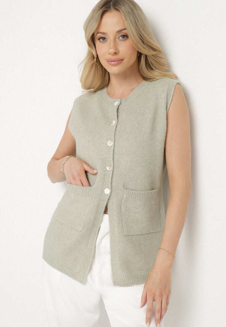 Jasnozielona Rozpinana Kamizelka Sweterkowa z Wełną Quilzeki