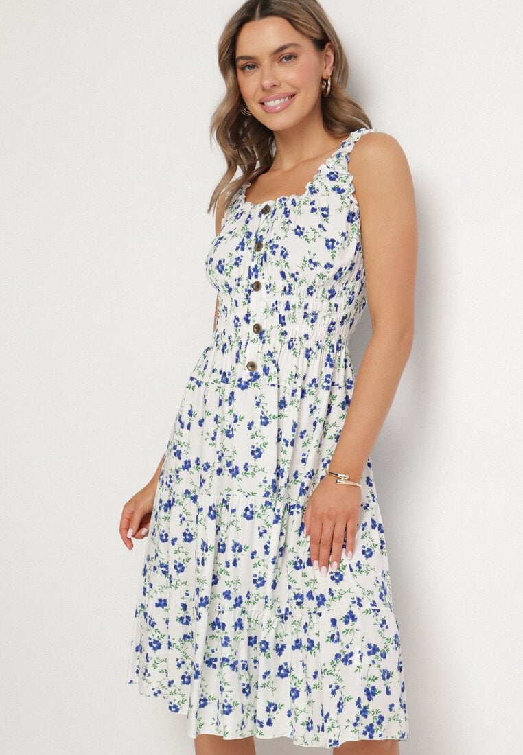 Biało-Niebieska Sukienka Rozkloszowana na Ramiączkach w Kwiaty Tallio