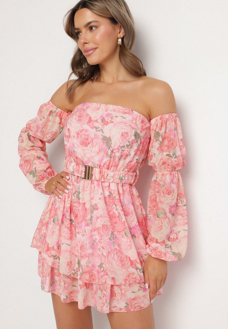 Jasnoróżowa Wiskozowa Sukienka Hiszpanka z Falbanami i Paskiem w Kwiaty Virmoi